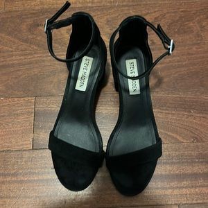 Steve Madden size 6, black suede, 2” heel Irenee Sandal.